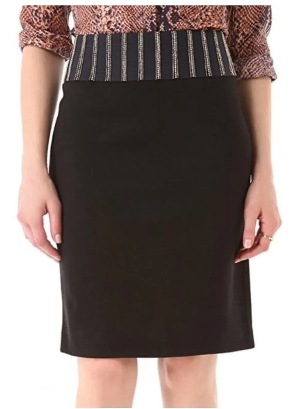 Tory Burch Thalia black pencil skirt blue waistband with gold and silver beads